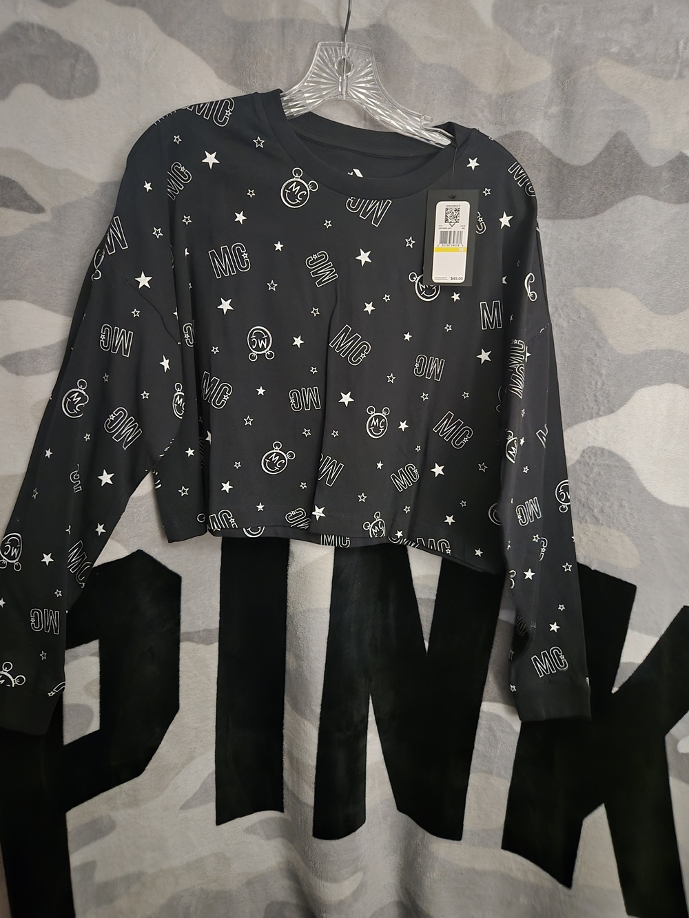 Black Cropped Sweatshirt with White MG & Star Print